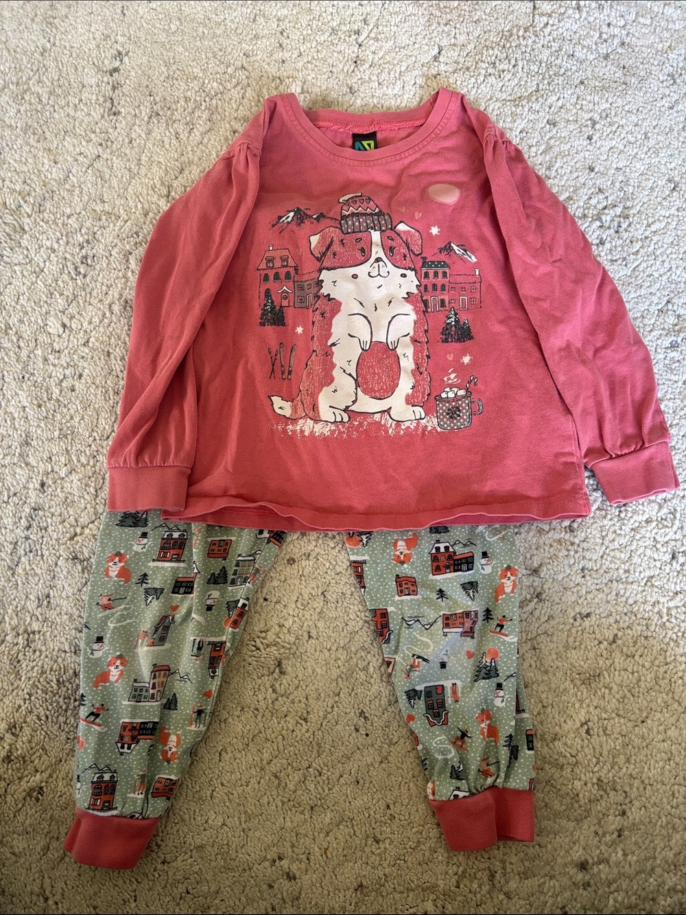Nano Kids Cozy Rose Pink And Green Puppy Winter Ski Lodge Pajama Set Size 2Y